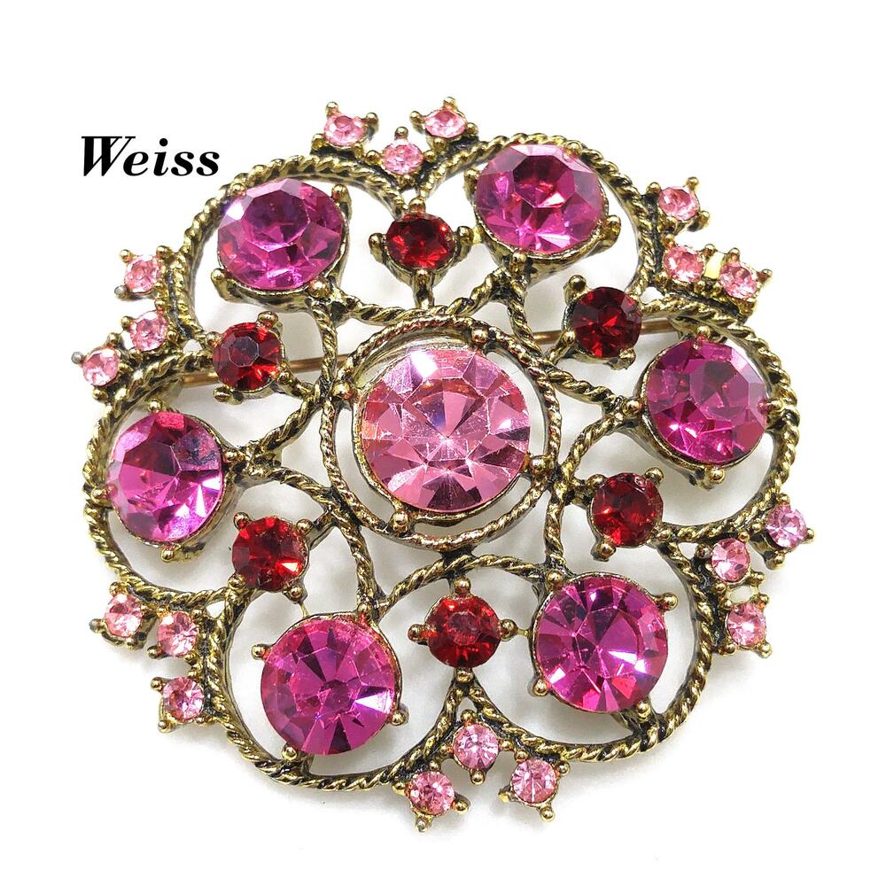 Vintage Weiss Pink Red Rhinestone Brooch Gold Tone Floral 2”